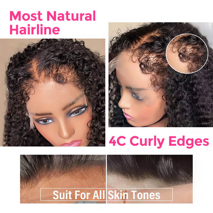 Type 4C Kinky Edge Deep Wave HD Lace Wig Pre Plucked Glueless Human Hair Wigs With Curly Edges