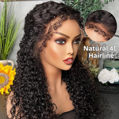 Type 4C Kinky Edge Curly Pre Plucked HD Lace Front Human Hair Wig with Curly Edges
