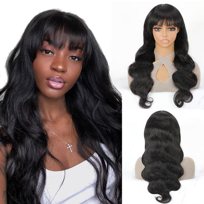 Body Wave Human Hair Wigs With Bangs Full Machine Made Wig With Bangs