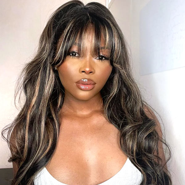 Highlights Wig with Bangs Body Wave Wig Throw on & Go Cost-effective Wig