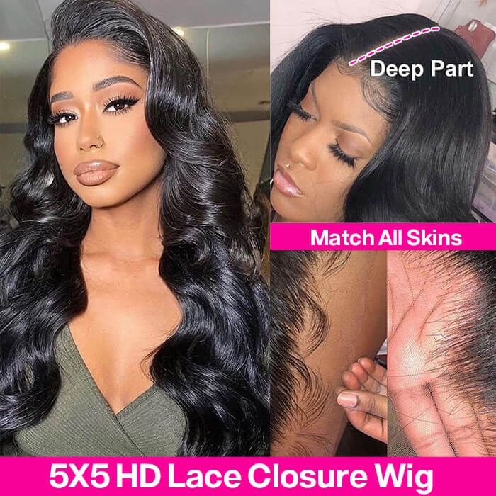 Body Wave Wigs 5x5 HD Lace Closure Wigs Pre Plucked Top Grade Human Hair Wigs