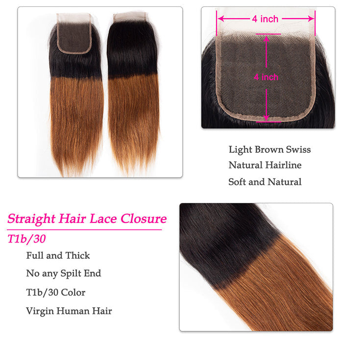 Ombre 1B30 Straight Human Hair 3 Bundles With 4x4 Lace Closure