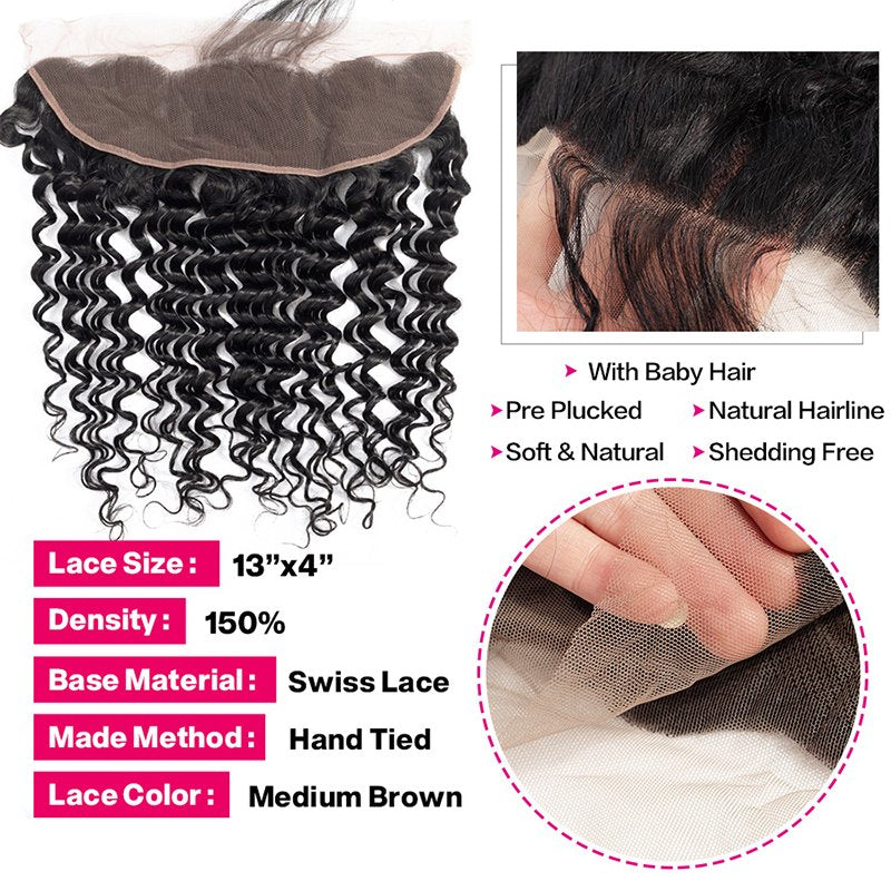 Deep Wave Virgin Hair Weave 3 Bundles With 13*4 Lace Frontal