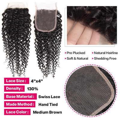 Kinky Curly Human Hair 3 Bundles With 4x4 Lace Closure