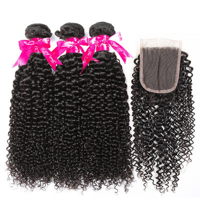 Kinky Curly Human Hair 3 Bundles With 4x4 Lace Closure