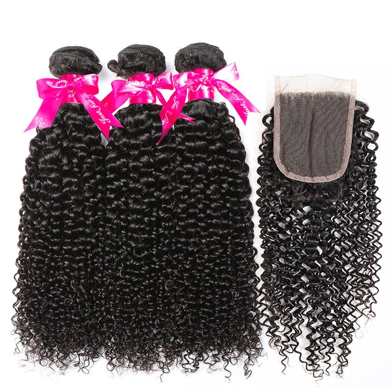 Kinky Curly Human Hair 3 Bundles With 4x4 Lace Closure