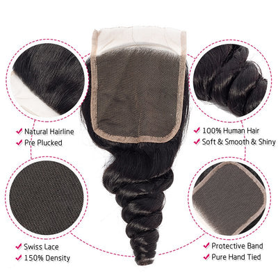 Loose Wave Human Hair 3 Bundles With 4x4 Lace Closure Human Hair Weft