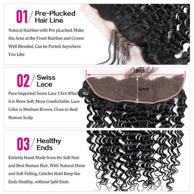 Deep Wave Virgin Hair Weave 3 Bundles With 13*4 Lace Frontal