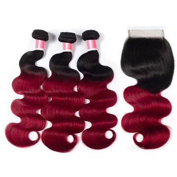 Hedy Hair T1B/99j Ombre Body Wave Human Hair 3 Bundles With 4x4 Lace Closure