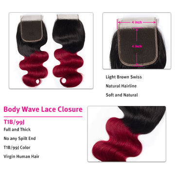 Hedy Hair T1B/99j Ombre Body Wave Human Hair 3 Bundles With 4x4 Lace Closure