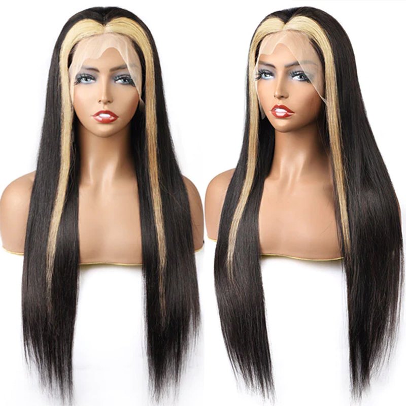 Skunk Stripe Wig with Blonde Highlights Straight 13x4 HD Lace Front Human Hair Wigs