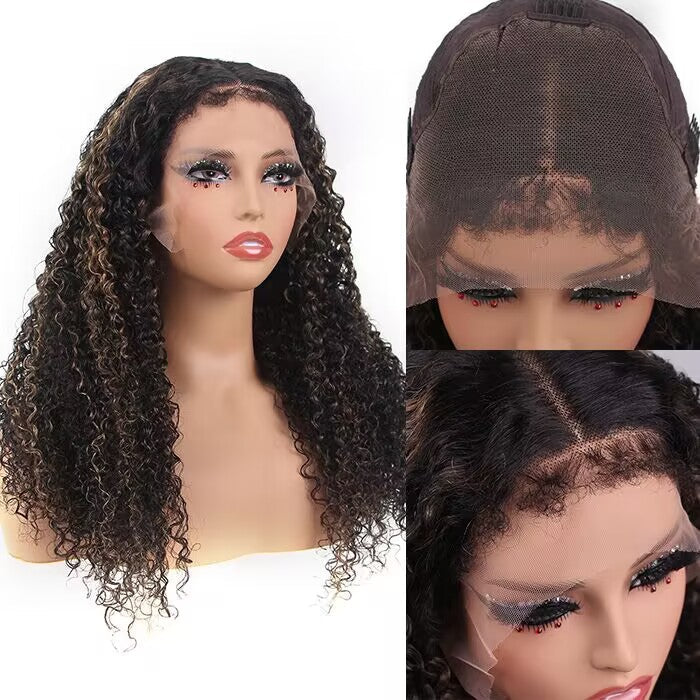 4C Edges Hairline Wig Honey Blonde Highlight Wig 13x4 5x5 HD Lace Front Jerry Curly Human Hair Wigs