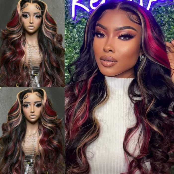 Multi Color Ombre Highlights 13x4 Lace Front Wig Red And Blonde Body Wave Wigs