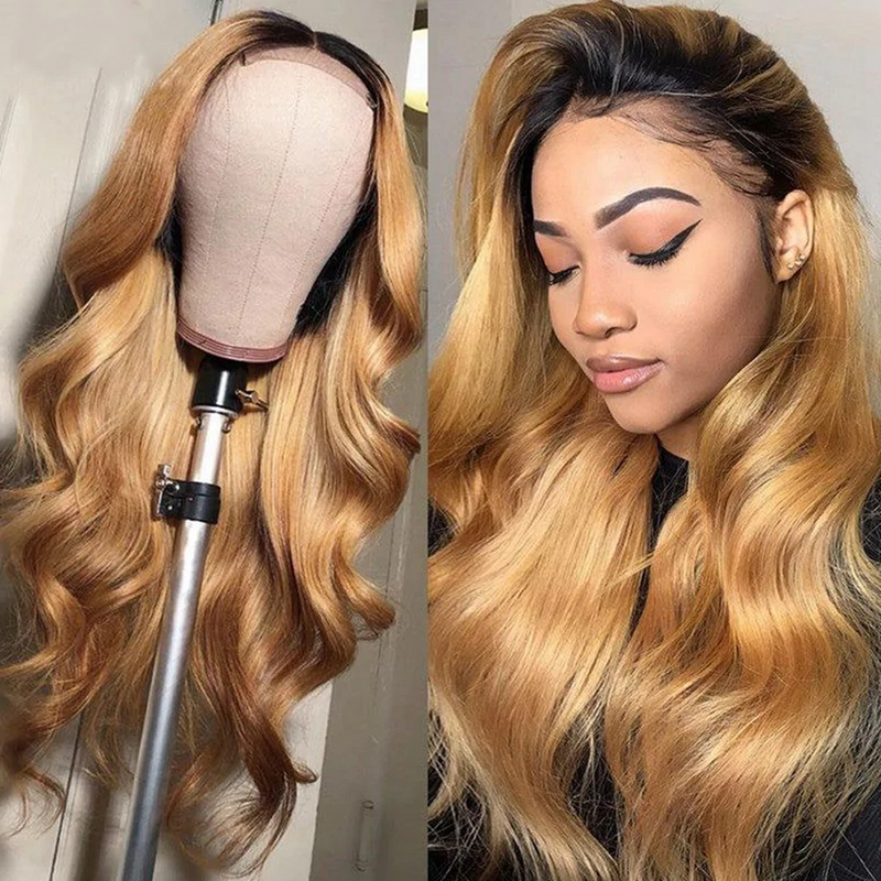 【50% OFF】 Ombre 1B/27 Honey Blonde Colored Wigs Body Wave HD Lace Front Wigs