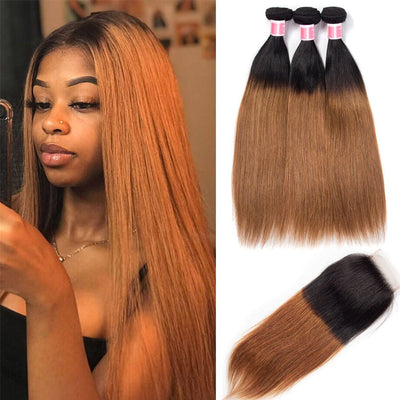 Ombre 1B30 Straight Human Hair 3 Bundles With 4x4 Lace Closure