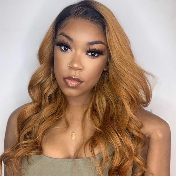 【50% OFF】 Ombre 1B/27 Honey Blonde Colored Wigs Body Wave HD Lace Front Wigs
