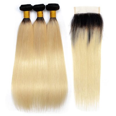 T1B/613 Ombre Straight Human Hair 3 Bundles With 4x4 Lace Closure