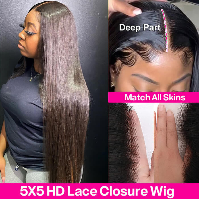 5x5 HD Lace Closure Wigs Straight Pre Plucked Lace Front Human Hair Wig
