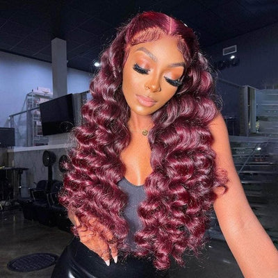 Wand Curl Loose Deep Wave Lace Front Wigs Wand Curl Human Hair #99J Burgundy Wig