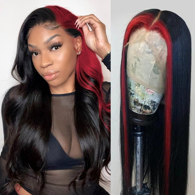 Straight Skunk Stripe Wigs Pink/613 Blonde/Green Highlights Human Hair Lace Front Wigs