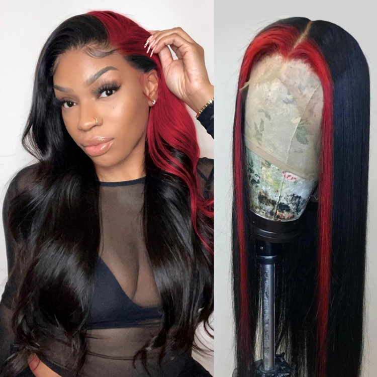 Straight Skunk Stripe Wigs Pink/613 Blonde/Green Highlights Human Hair Lace Front Wigs