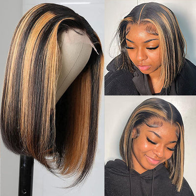 Blonde Highlight Bob Wig Mix Color 1B/27# Lace Front Wig Human Hair 180% Density