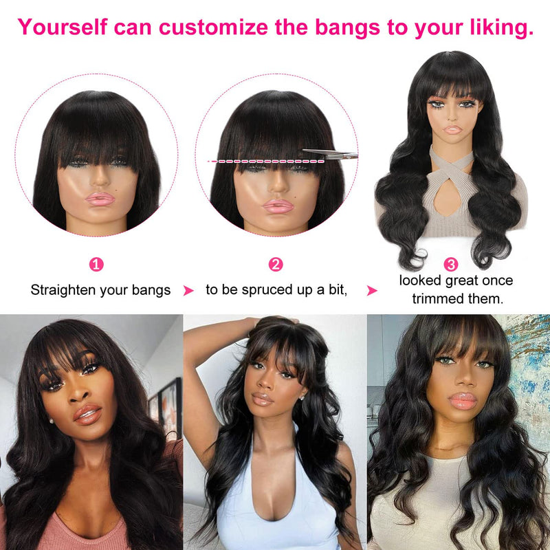 Body Wave Human Hair Wigs With Bangs Full Machine Made Wig With Bangs