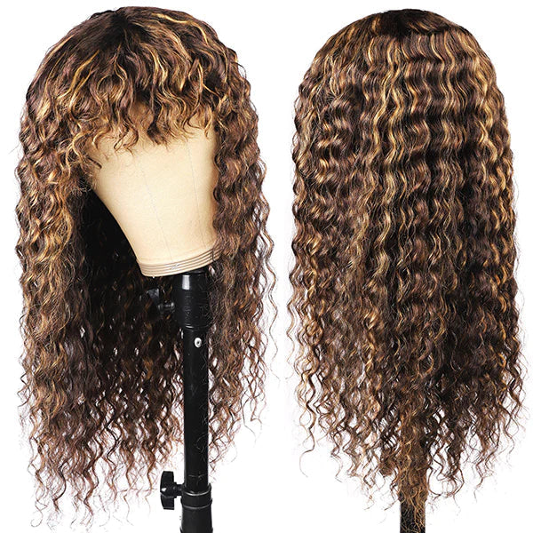 P4/27 Piano Highlights Color Wig With Bangs Deep Wave Curly Non-Lace Machine Made Colored Wig Protective Style Human Hair Wigs Machine Made Wigs