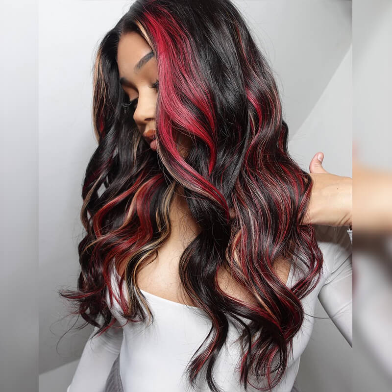 Multi Color Ombre Highlights 13x4 Lace Front Wig Red And Blonde Body Wave Wigs