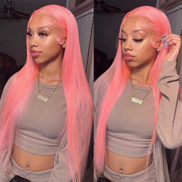 Light Pink 13x4 HD Lace Frontal Wigs Glueless Straight Human Hair Wig Pre Plucked Bleached Knots