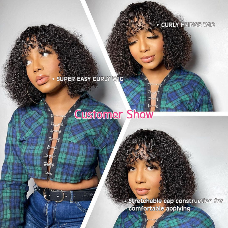 Curly Bob Wig With Bangs Full Machine Made For Women Fringe Wigs Non-Lace Wig