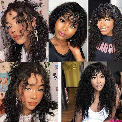 Deep Wave Human Hair Wigs With Bangs No Lace Front Human Hair Wigs 180% Density Full Machine Made Wig