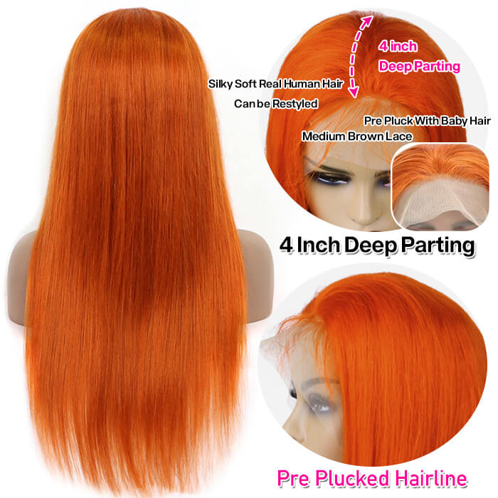 Ginger Color 5x5 Lace Closure Wig Straight HD Lace Human Hair Wig Pre Plucked