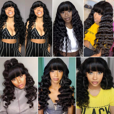 Human Hair Wigs With Bangs Full Machine Made Wig Loose Deep Wave Human Hair Wigs