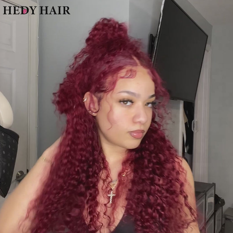 Burgundy 99J Curly Human Hair Wigs HD Lace Front Wigs Pre Plucked