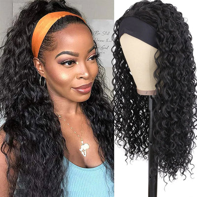 Buy One Get One Free Straight Human Hair Wigs With Bangs + Water Wave Headband Wig