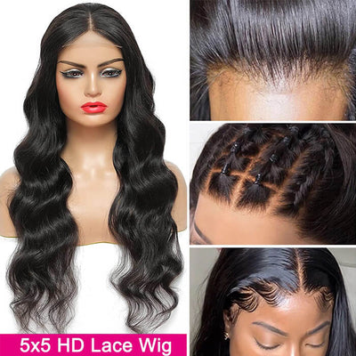 Body Wave Wigs 5x5 HD Lace Closure Wigs Pre Plucked Top Grade Human Hair Wigs