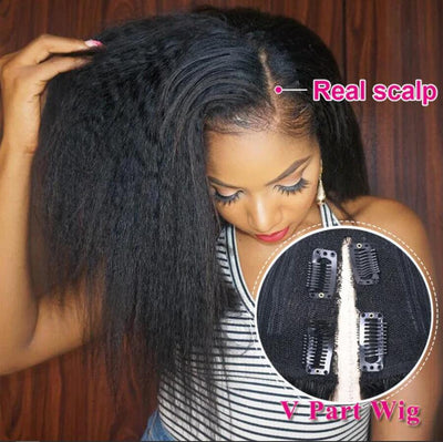 Kinky Straight Human Hair Wig Upgrade V part Wig Without Leave out