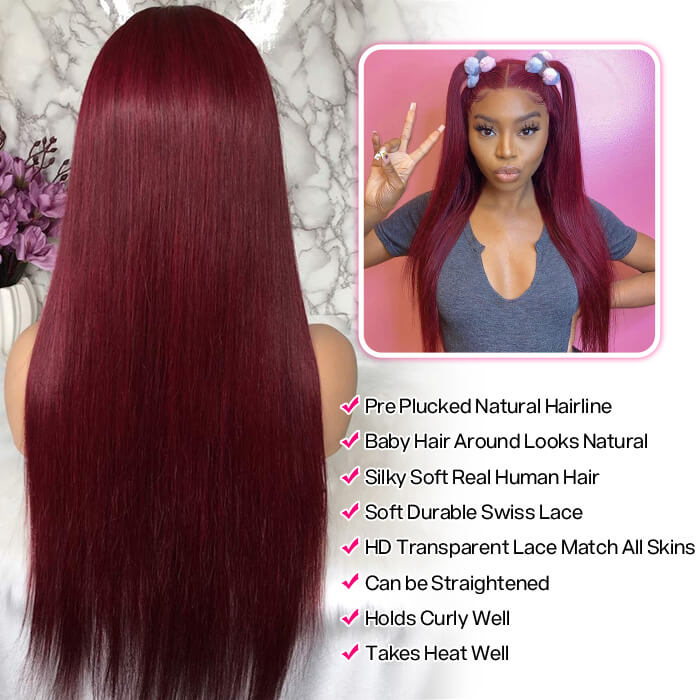 99j Burgundy Wig 13x4 HD Lace Front Wigs Straight Human Hair Wigs