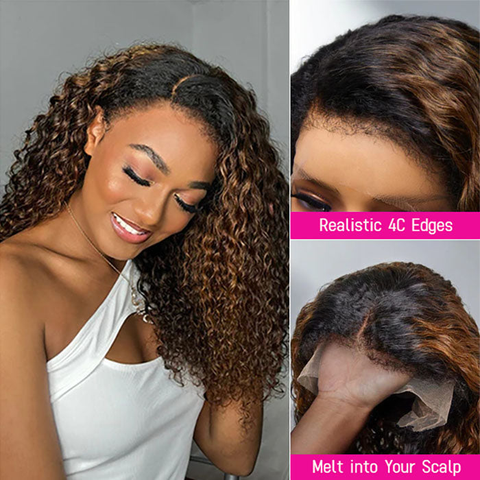 Ombre Brown Curly 4C Edges Hairline Wig Deep Wave 13x4 HD Lace Front Wig