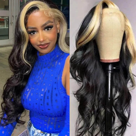 Fashion Skunk Stripe Wigs Pink/613 Blonde/Green Highlights Human Hair Lace Front Wigs
