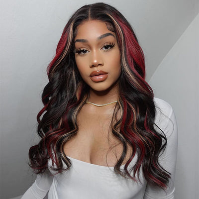 Multi Color Ombre Highlights 13x4 Lace Front Wig Red And Blonde Body Wave Wigs
