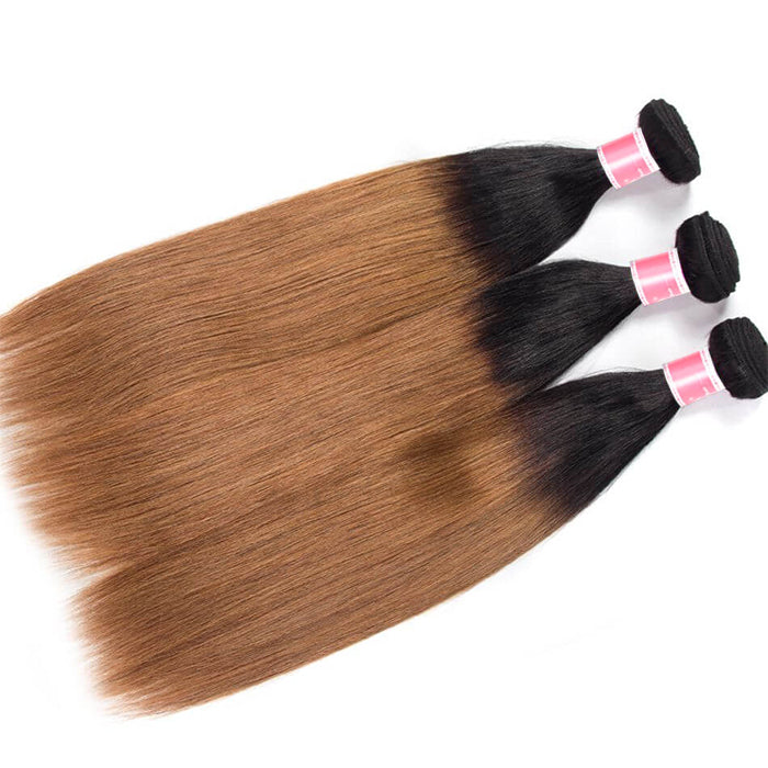 Ombre 1B30 Straight Human Hair 3 Bundles With 4x4 Lace Closure