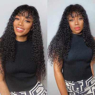 Curly Human Hair Wigs With Bangs No Lace Front Human Hair Wigs 180% Density Full Machine Made Wig