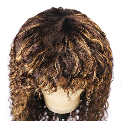 P4/27 Piano Highlights Color Wig With Bangs Deep Wave Curly Non-Lace Machine Made Colored Wig Protective Style Human Hair Wigs Machine Made Wigs