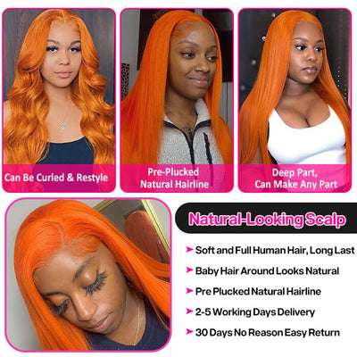 13x4 HD Lace Front Wigs Orange Ginger Color Straight Human Hair Wigs