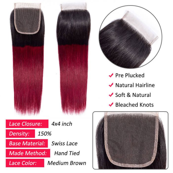 Hedy Hair T1B/99j Ombre Straight Human Hair 3 Bundles With 4x4 Lace Closure