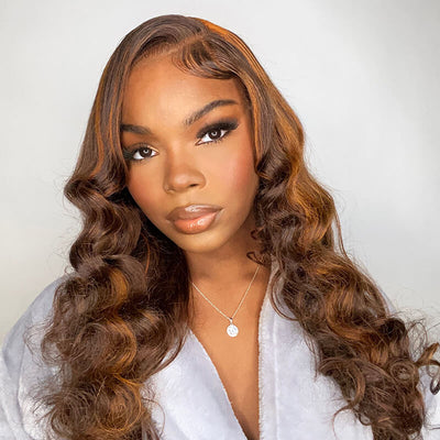 Hedy Hair Orange Highlights Wigs Dark Brown Base Body Wave 13x4 Melted HD Lace Front Wigs High Quality Human Hair