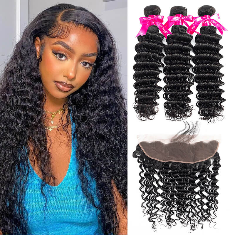 Deep Wave Virgin Hair Weave 3 Bundles With 13*4 Lace Frontal
