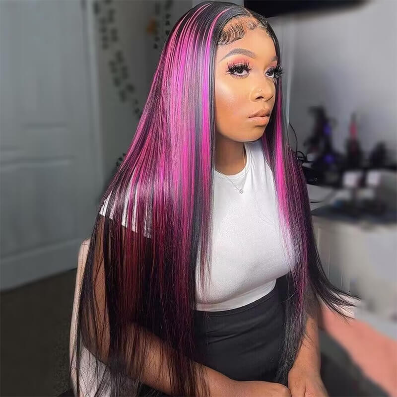 Hedy Purple Highlights Lace Front Wigs  Balayage Straight 13x4 Transparent HD Lace Human Hair Wigs